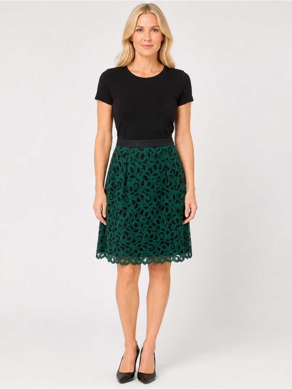 Lands' End Hunter Green & Black Lace Overlay, Lined A-Line Holiday Skirt Size 8
